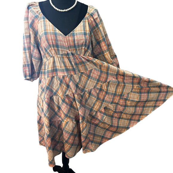 Drew Anthropologie Babydoll Dress Women Prairie Windowpane Plaid Cottagecore - Picture 3 of 16